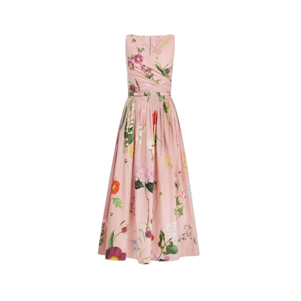 Oscar de la Renta Mixed Botanical Cotton Poplin Draped Dress