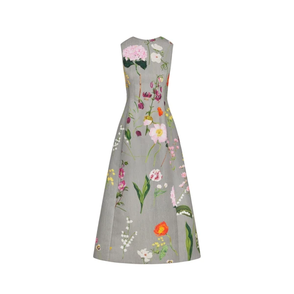 Oscar de la Renta Mixed Botanical Faille Cocktail Dress