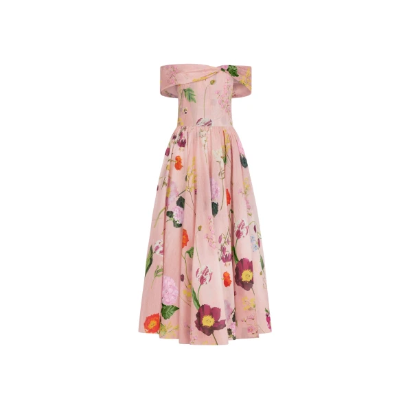Oscar de la Renta Mixed Botanical Off-Shoulder Dress