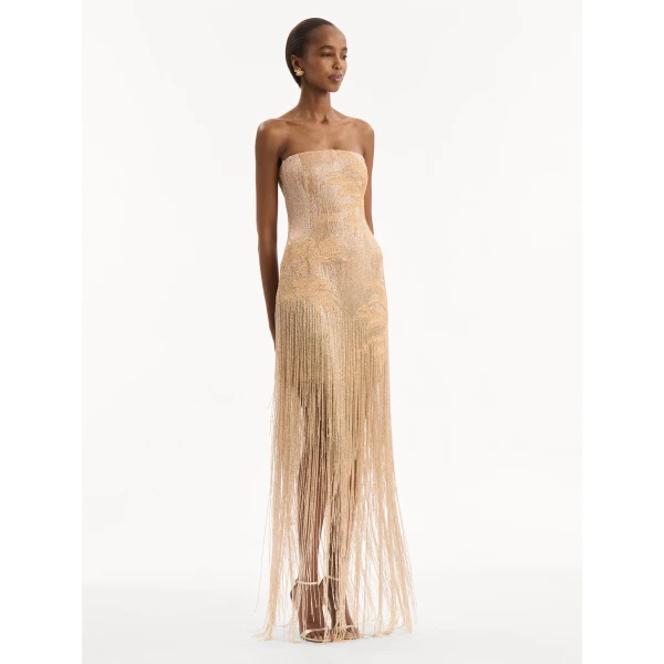 Oscar de la Renta Palm Tree Raffia Fringe Gown - Dresses - American Luxury Evening Wear at Coveti