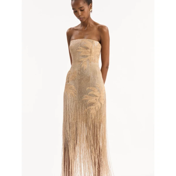 Oscar de la Renta Palm Tree Raffia Fringe Gown - Dresses - American Luxury Evening Wear at Coveti