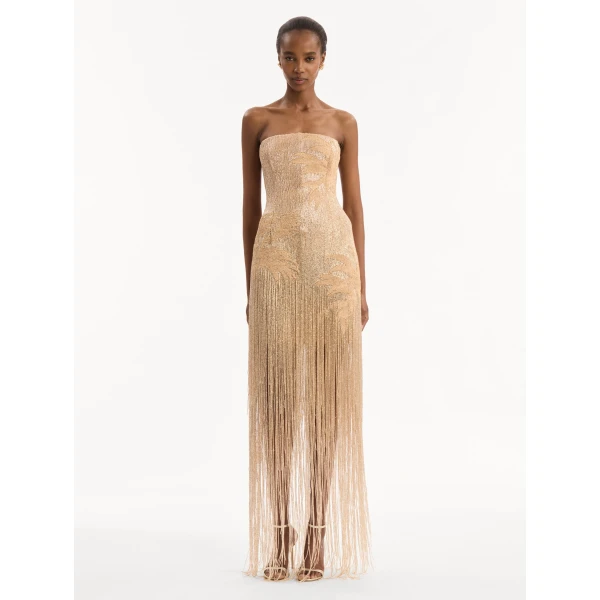 Oscar de la Renta Palm Tree Raffia Fringe Gown - Dresses - American Luxury Evening Wear at Coveti