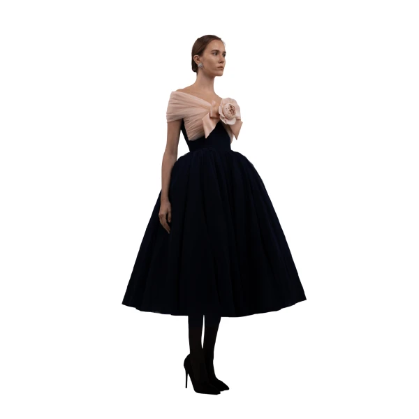 Blush Camellia Bow Tulle Midi Dress