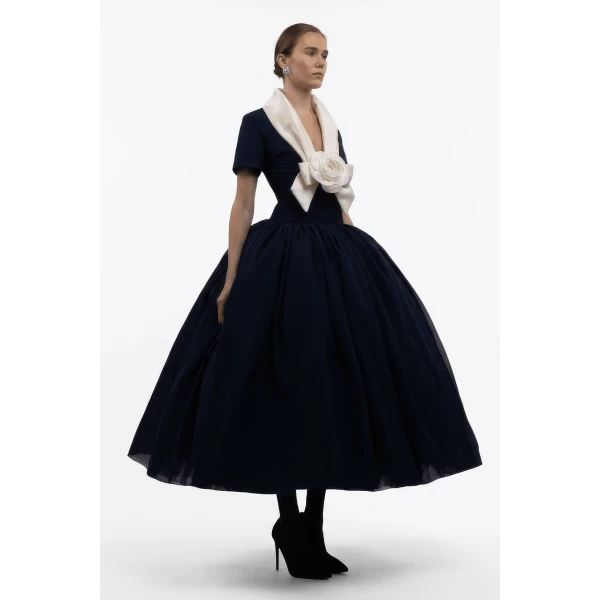 Elsa Navy Silk Chiffon Gown