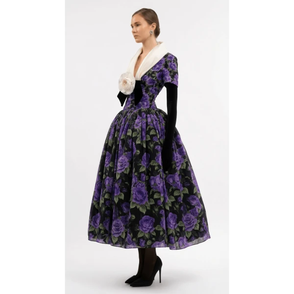 Midnight Violet Rose Midi Dress