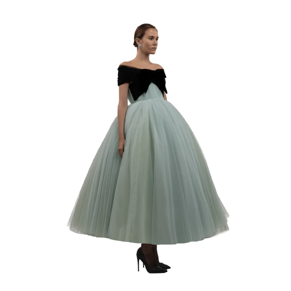 Mint Tulle Midi Gown with Off-Shoulder Bow Bodice