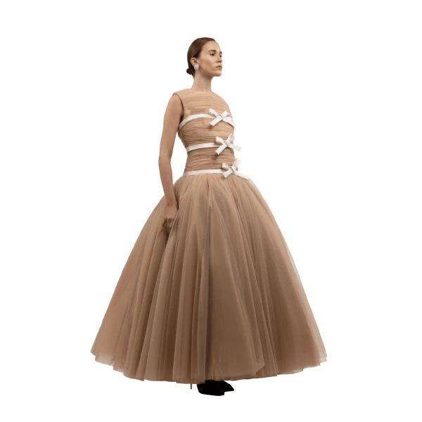 Pleated Tulle Ball Gown with Satin Bow Embellishments in Caramel