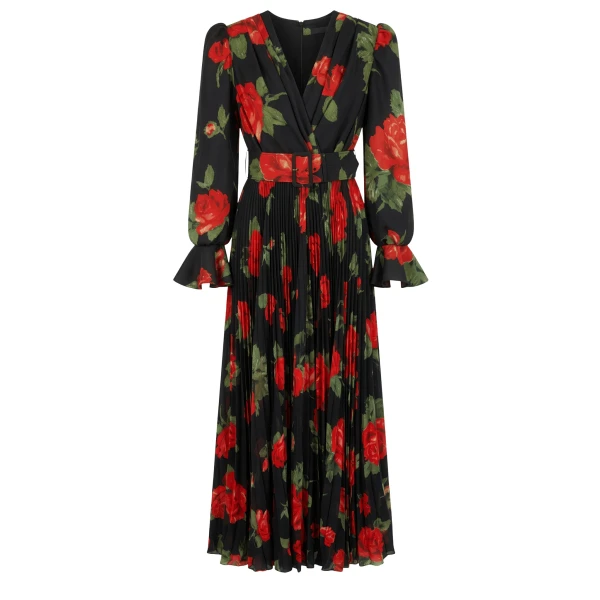 Red Rose Print Chiffon Belted Dress