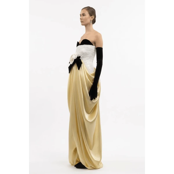Strapless Draped Silk Gown with Bow and Rose Detail