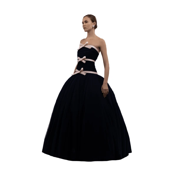 Tulle Three-Bow Navy Ball Gown