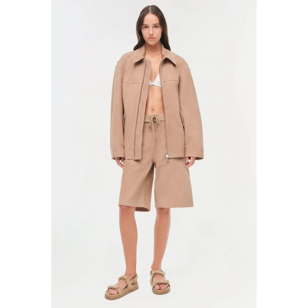 Simkhai Aslan Long Suede Jacket in Desert Sand, view 3