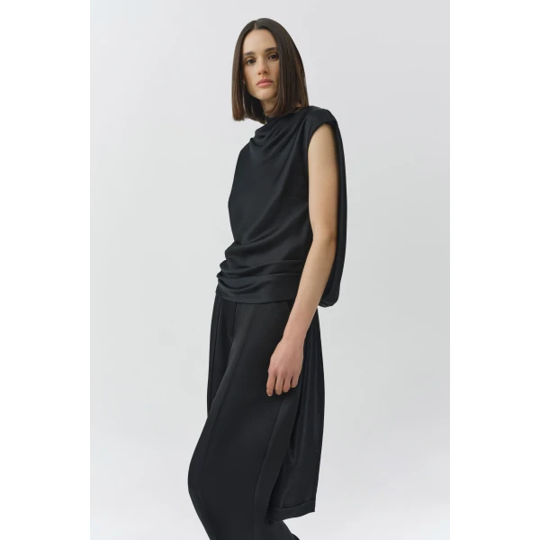 Simkhai Bella Satin Cape Top in Black, view 4