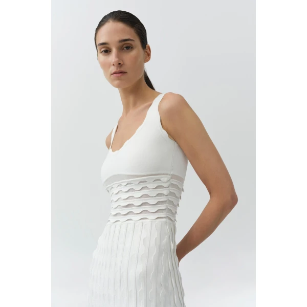 Simkhai Brionne Scalloped Knit Midi Dress in Ivory, view 3