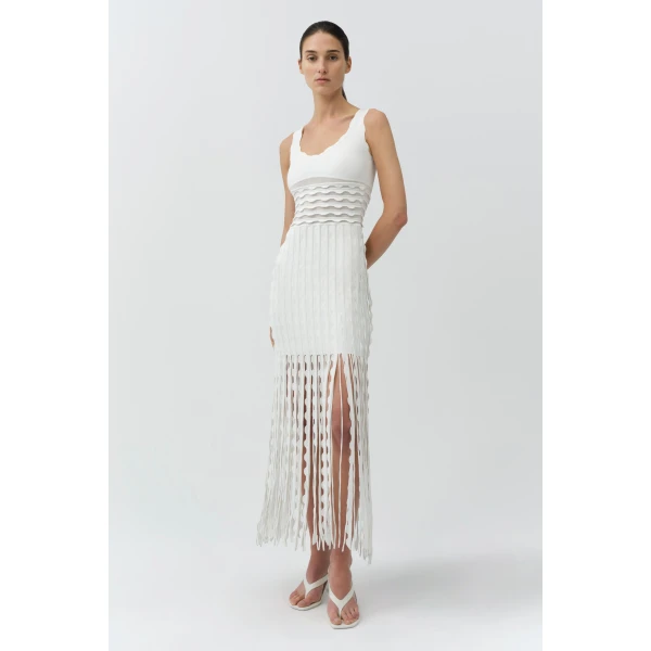 Simkhai Brionne Scalloped Knit Midi Dress in Ivory, view 6