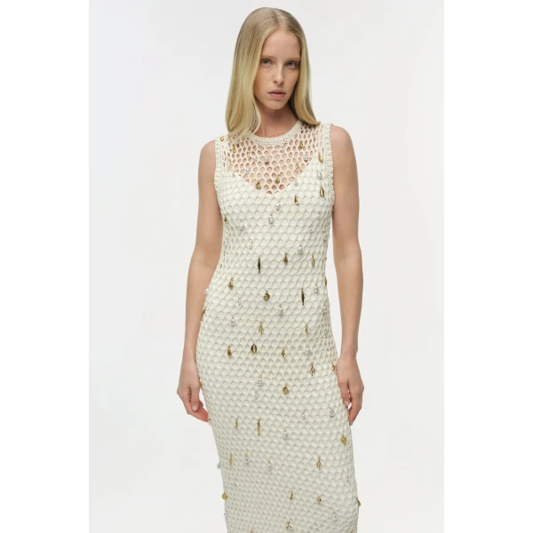 Simkhai Coralia Knit Charmed Midi Dress in Sand Multi, view 4