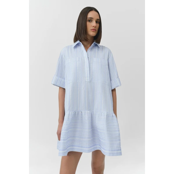 Simkhai Cris Short Sleeve Shirt Dress in Blue Stripe, view 2