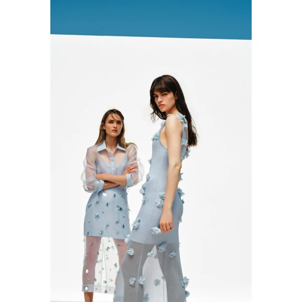 Simkhai Delilah Embellished Organza Midi Skirt in Periwinkle Sky, view 6