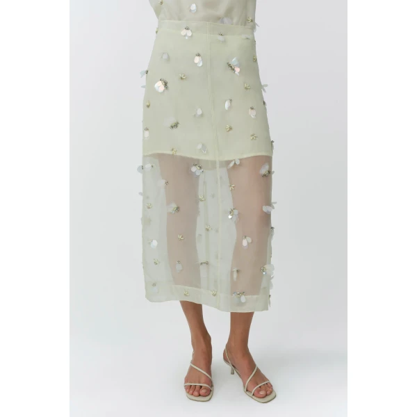 Simkhai Delilah Embellished Organza Midi Skirt in Yolk, view 2