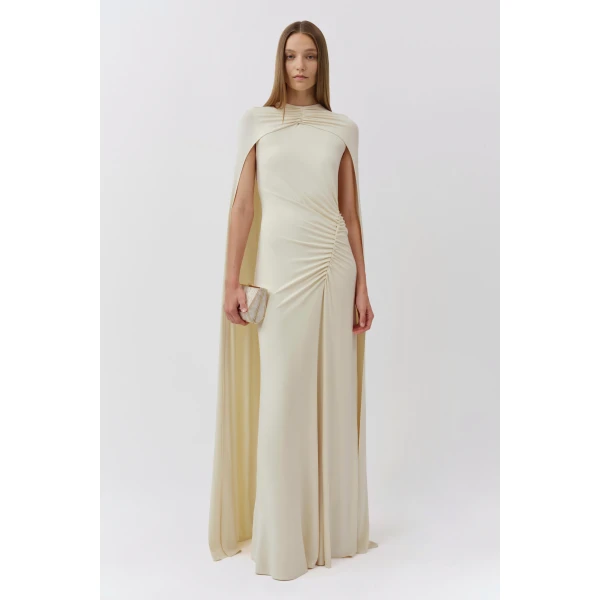 Simkhai Demi Draped Jersey Cape Gown in Yolk, view 3