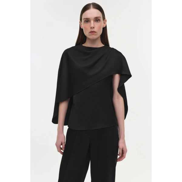 Simkhai Eliora Draped Satin Cape Top in Black, view 3