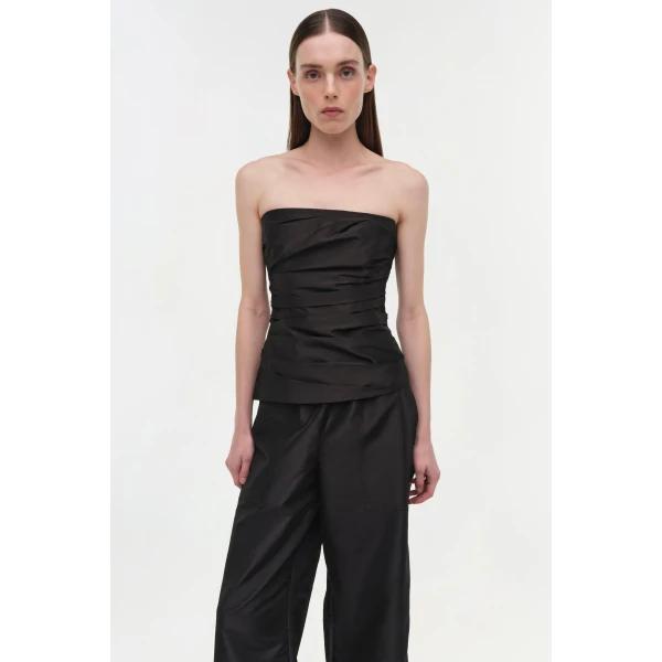 Simkhai Emerson Ruched Taffeta Bustier Top in Black, view 3