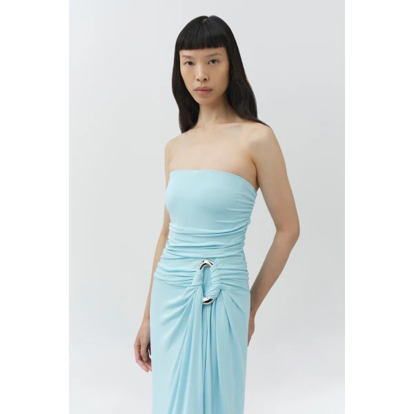 Simkhai Emma Strapless Draped Jersey Bustier Gown in Pool, view 2