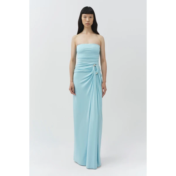 Simkhai Emma Strapless Draped Jersey Bustier Gown in Pool, view 6