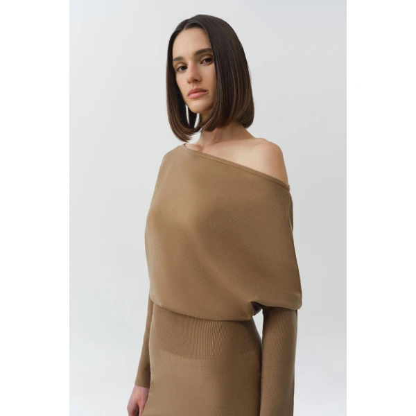 Simkhai Janese Off Shoulder Midi Dress in Camel, view 3
