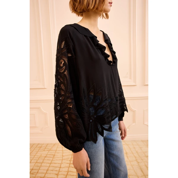adonis silk applique blouse noir