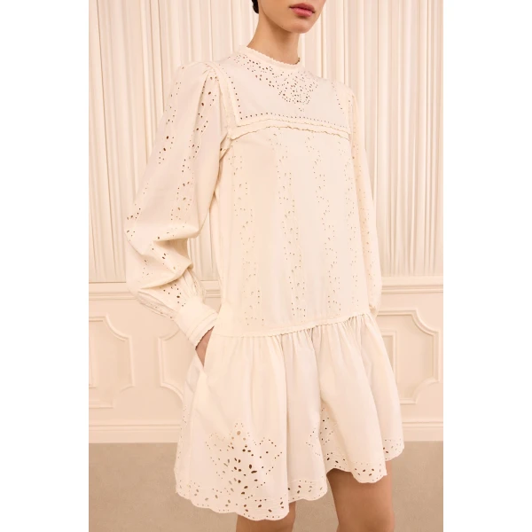 keira long sleeve cotton mini dress pearled ivory