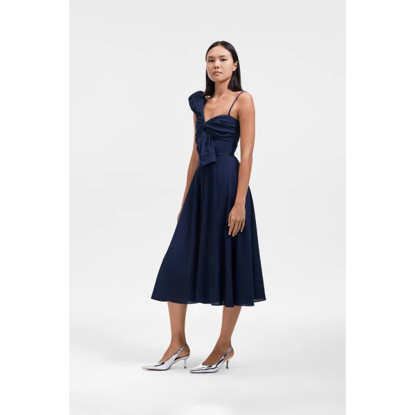 Viktor & Rolf Sleeve Tie Linen-Silk Blend Dress in Dark Blue, view 4