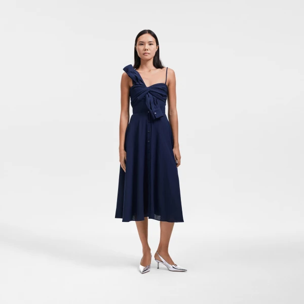 Viktor & Rolf Sleeve Tie Linen-Silk Blend Dress in Dark Blue, view 5
