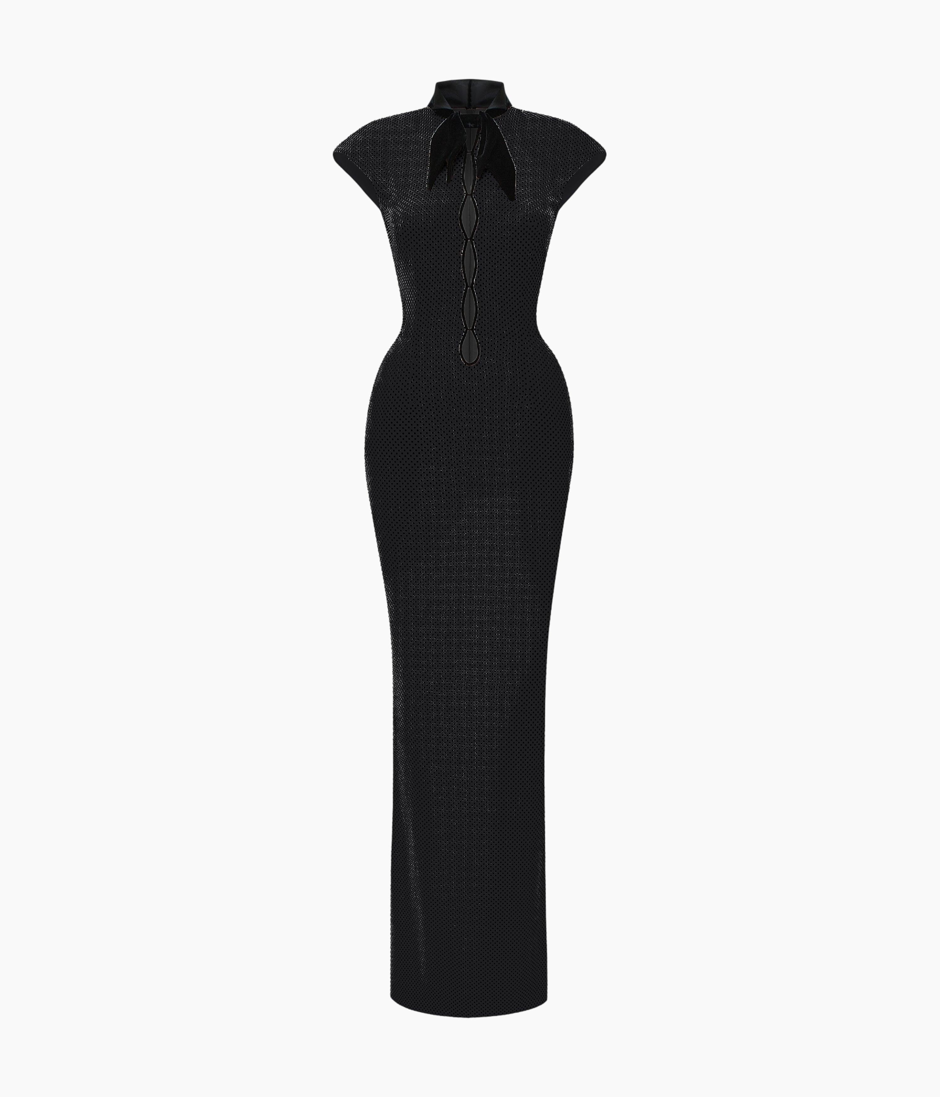 Crystal-Embellished Maxi Dress with Sculptural Pannier Panels in Black