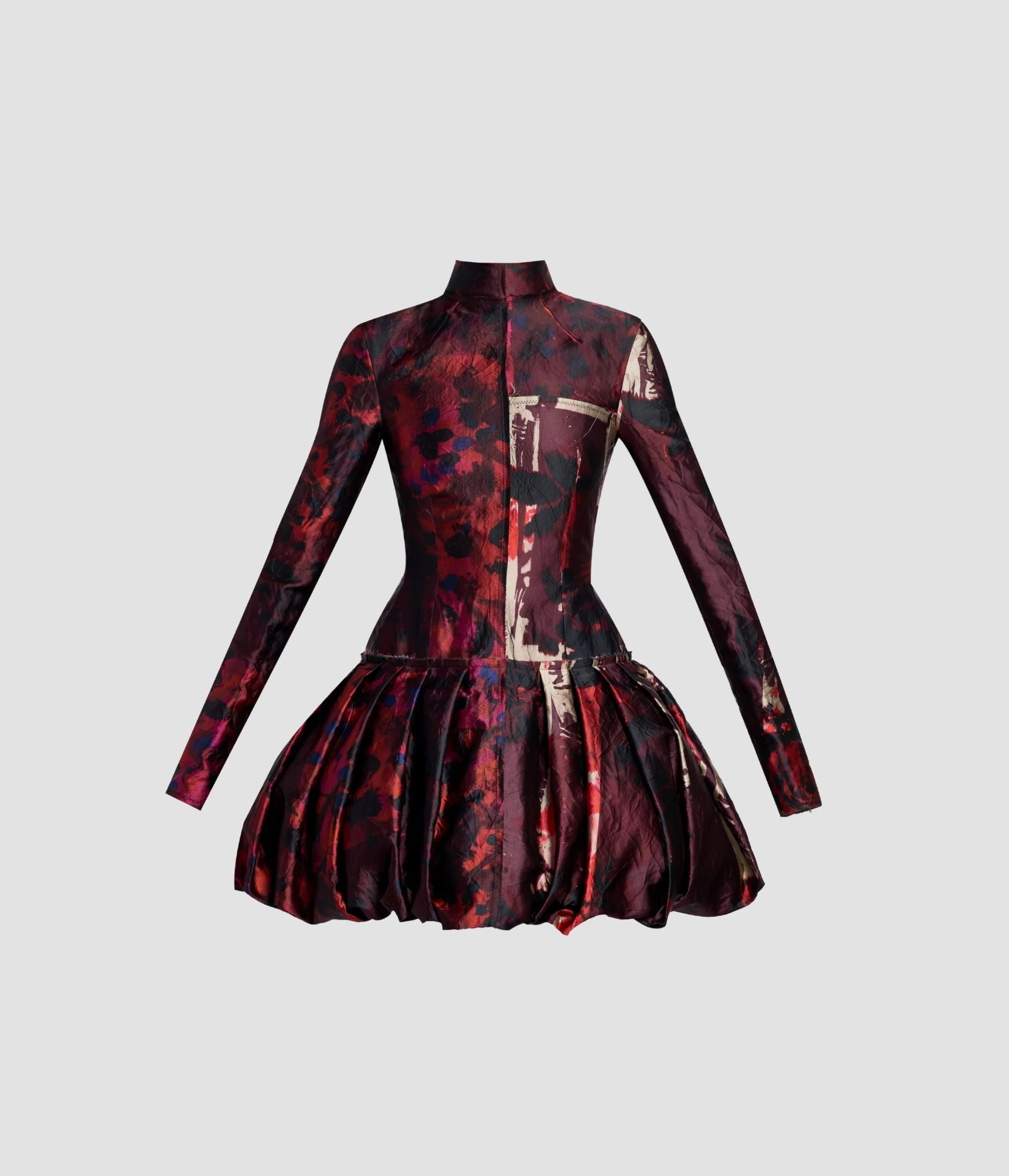 Floral Print Textured Satin Long Sleeve Dress