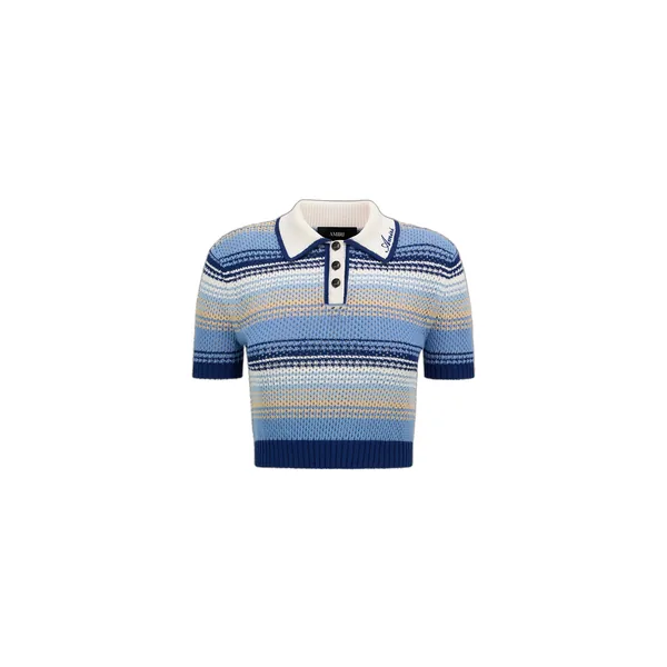 Amiri Striped Crochet Mesh Polo in Blue Top