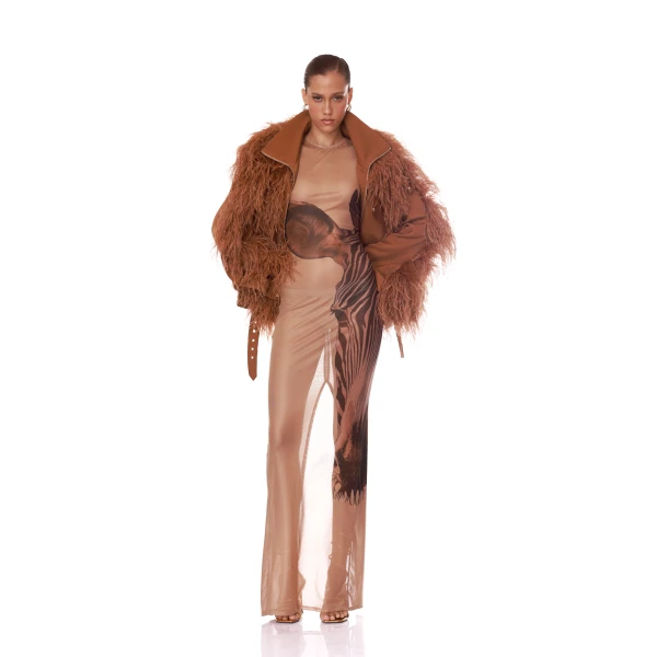Marlowe Brown Feather Bomber Jacket