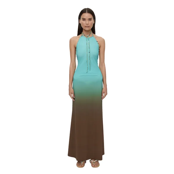 Beach Quartz Halter Ombre Dress in Husk Brown Mineral Turquoise