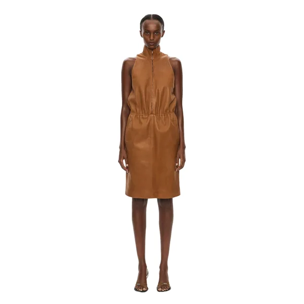 Dannie Leather Zipped Dress in Cognac