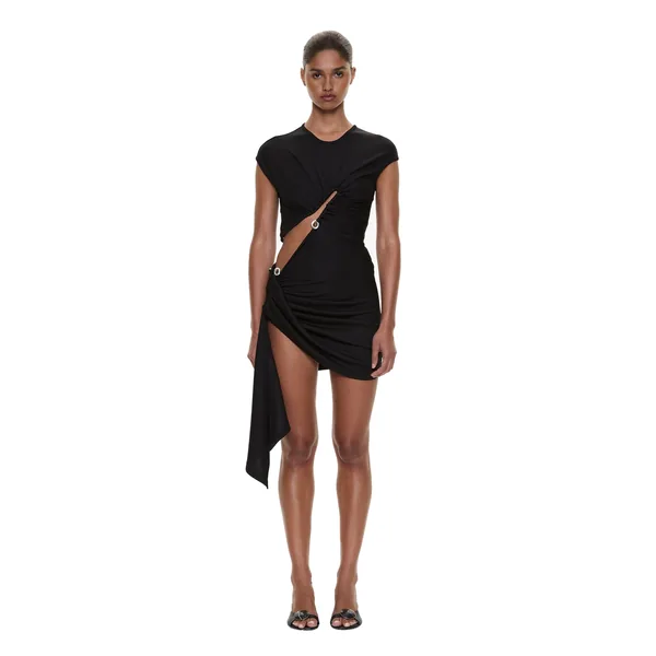 Droplet Crystal Clasp Draped Tank Dress in Black
