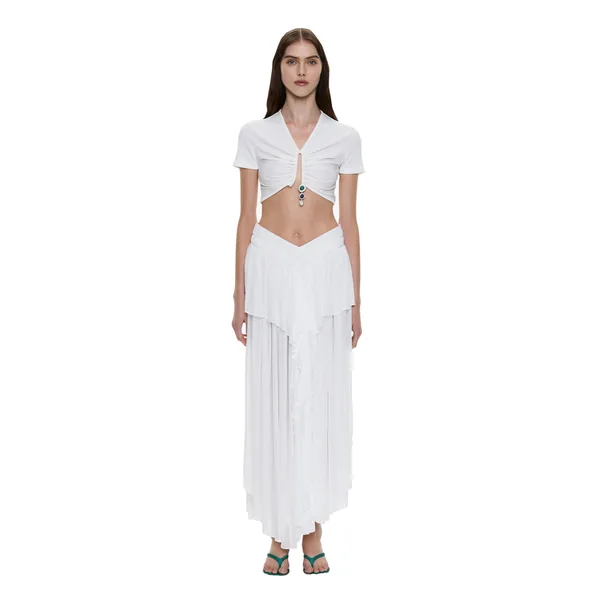 Droplet Crystal Pendant Ruched Tee in White