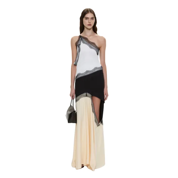 Keira Split Lace One Shoulder Cutaway Dress in Mastic Multi