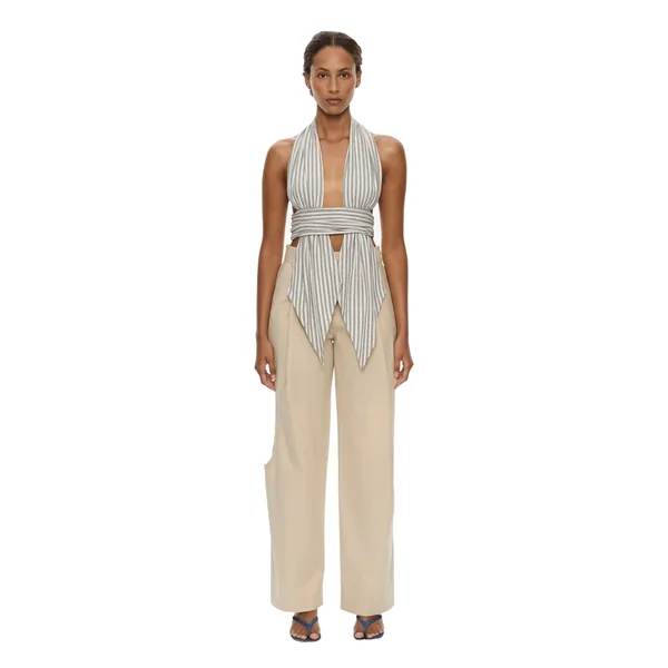 Scarf Draped Halter Top in Grey Stripe