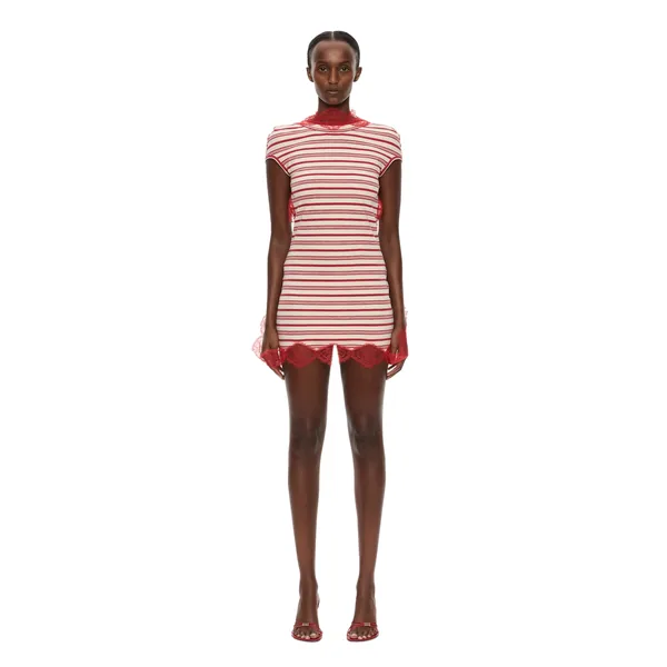 Stripe Jersey Lace Trimmed Tee Dress in Flame White