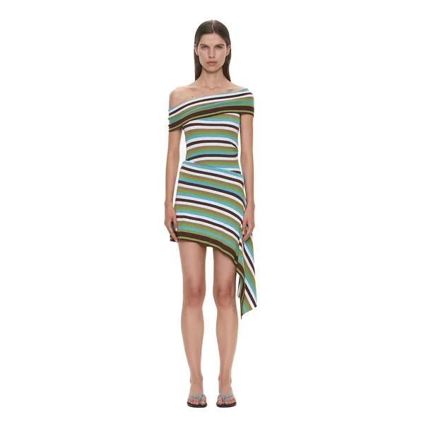 Stripe Knit Extension Drape Mini Dress in Vert Stripe