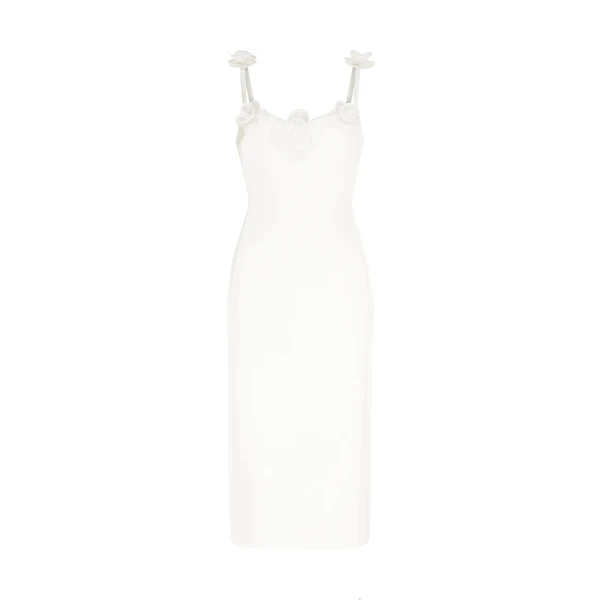 3D Lace Flower Satin Midi Dress In White