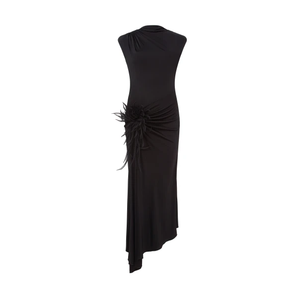 Cactus Dahlia Detail Draped Midi Dress In Black