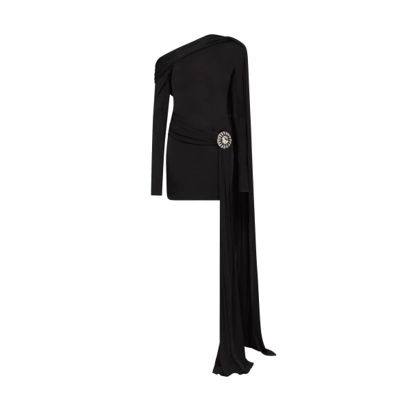 Crystal Brooch And One Shoulder Mini Dress