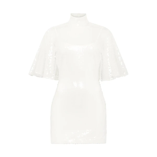 Draped Sleeve Mini Sequin Dress In White