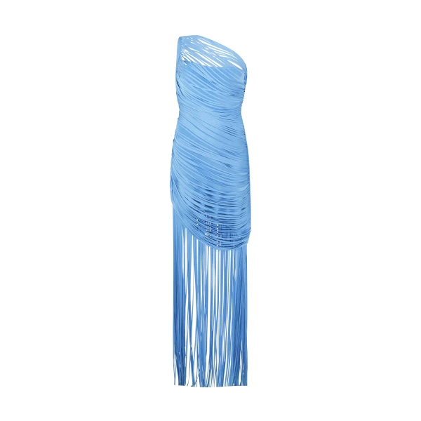 Fringe Draping Knit Gown In Blue