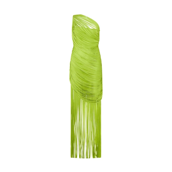 Fringe Draping Knit Gown In Green